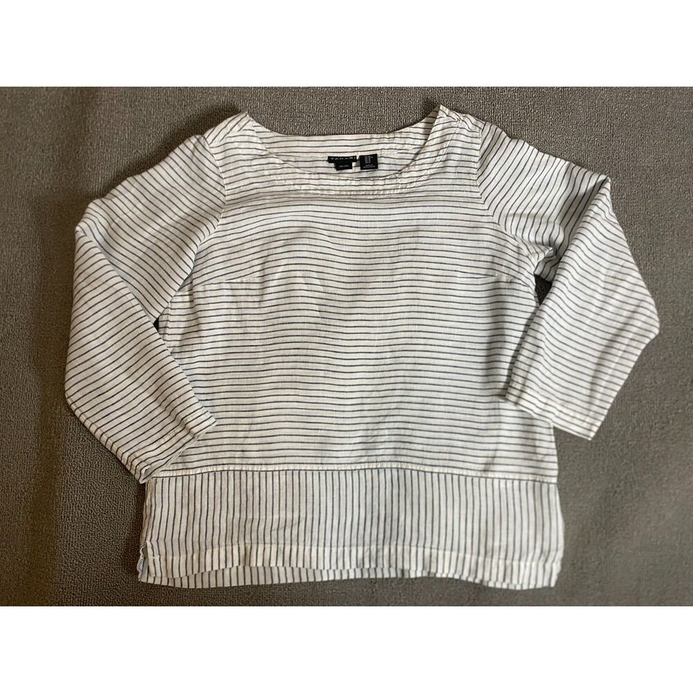 Tahari Women's 100% Linen 3/4 Sleeve White & Blue Striped Blouse